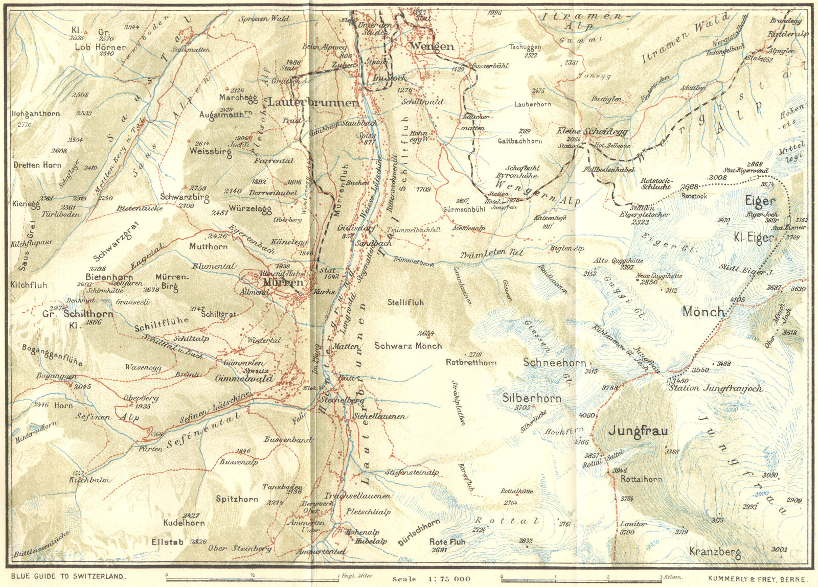 SWITZERLAND. Environs of Murren 1923 old antique vintage map plan chart